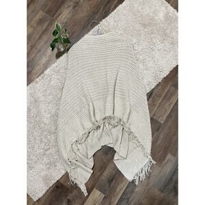 J.Jill One Size Beige Crochet Open Knit Fringe Wool Blend Poncho Sweater